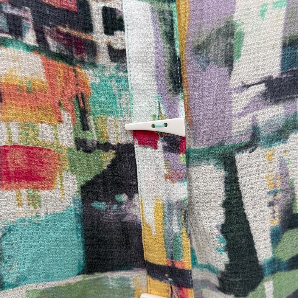 Ali Miles Colorful Abstract Print Blouse with fold sleeve & side slit pockets L - Picture 3 of 8